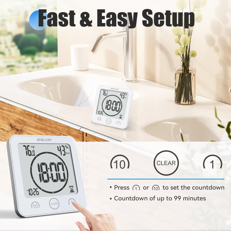 Baldr Shower Clock Waterproof Bathroom Clock with Timer/Temperature/Humidity, Digital Timers for Kids and Adults, Bath Kitchen Study, White - Image 5